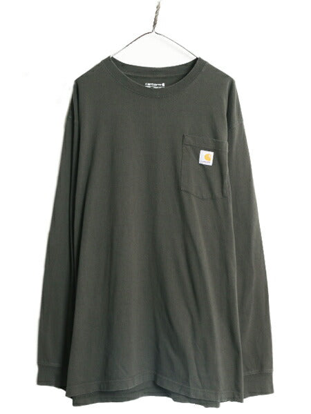 カーハート ポケット付き 長袖 Tシャツ メンズ XL 古着 CARHARTT ロンT ワンポイント ポケT ロゴT ヘビーウェイト コットン 大きいサイズ