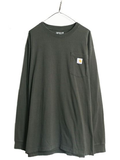カーハート ポケット付き 長袖 Tシャツ メンズ XL 古着 CARHARTT ロンT ワンポイント ポケT ロゴT ヘビーウェイト コットン 大きいサイズ