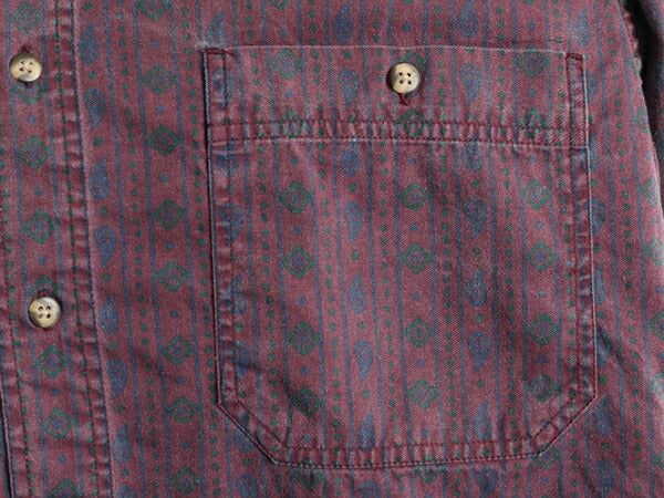 80s ■ エディーバウアー ストライプ 総柄 長袖 シャツ ( メンズ M ) Eddie Bauer 80年代 ビンテージ 黒タグ コットン ペイズリー デザイン
