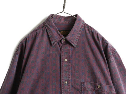 80s ■ エディーバウアー ストライプ 総柄 長袖 シャツ ( メンズ M ) Eddie Bauer 80年代 ビンテージ 黒タグ コットン ペイズリー デザイン