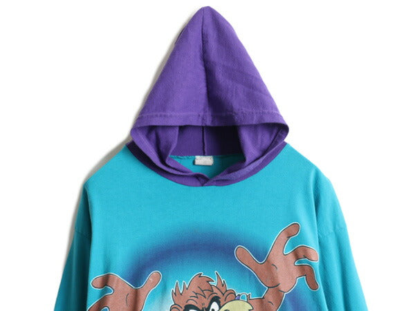90s USA製 ボーイズ XL メンズ S 程■ ワーナー タズマニアンデビル NBA ホーネッツ フード付き 長袖 Tシャツ キャラクター ロンT 2トーン