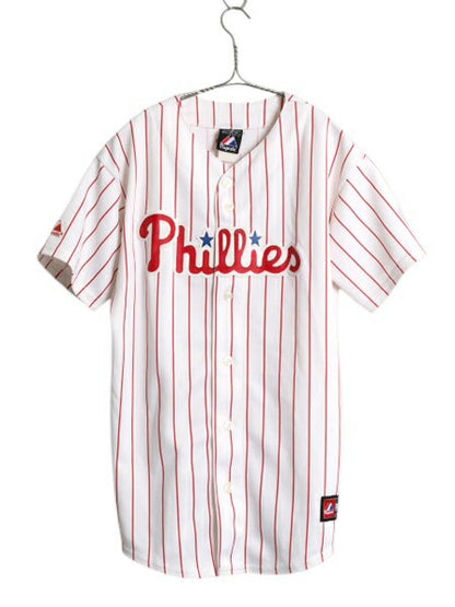 フィリーズ ベースボール シャツ メンズ S 程/ MLB オフィシャル マジェスティック 大リーグ ユニフォーム ゲームシャツ 重ね着 半袖シャツ