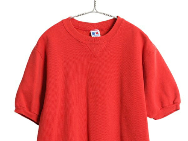 90s USA製 ラッセル 無地 半袖 スウェット メンズ レディース M / オールド ブランク トレーナー 前V 裏起毛 シンプル クルーネック レッド
