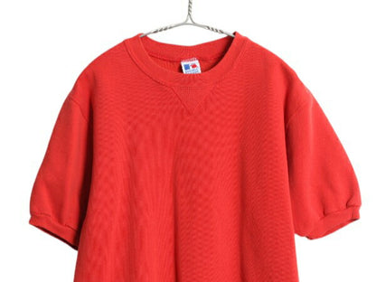 90s USA製 ラッセル 無地 半袖 スウェット メンズ レディース M / オールド ブランク トレーナー 前V 裏起毛 シンプル クルーネック レッド
