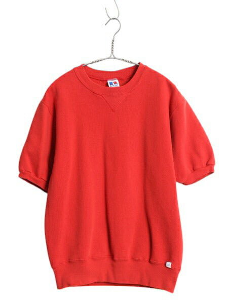 90s USA製 ラッセル 無地 半袖 スウェット メンズ レディース M / オールド ブランク トレーナー 前V 裏起毛 シンプル クルーネック レッド