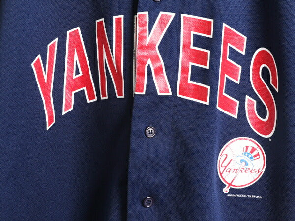 MLB ロゴ アスレチック ヤンキース ベースボール シャツ メンズ L 古着 ユニフォーム ゲームシャツ メジャーリーグ 半袖シャツ 大リーグ 紺