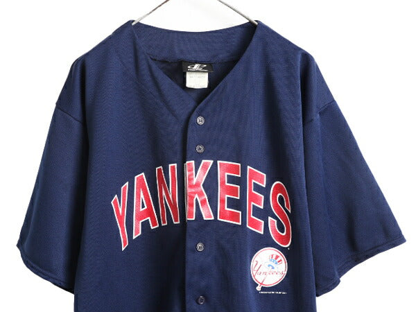 MLB ロゴ アスレチック ヤンキース ベースボール シャツ メンズ L 古着 ユニフォーム ゲームシャツ メジャーリーグ 半袖シャツ 大リーグ 紺
