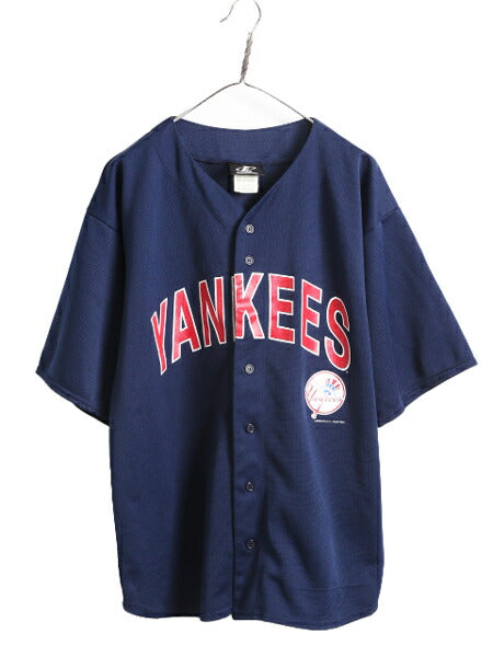 MLB ロゴ アスレチック ヤンキース ベースボール シャツ メンズ L 古着 ユニフォーム ゲームシャツ メジャーリーグ 半袖シャツ 大リーグ 紺