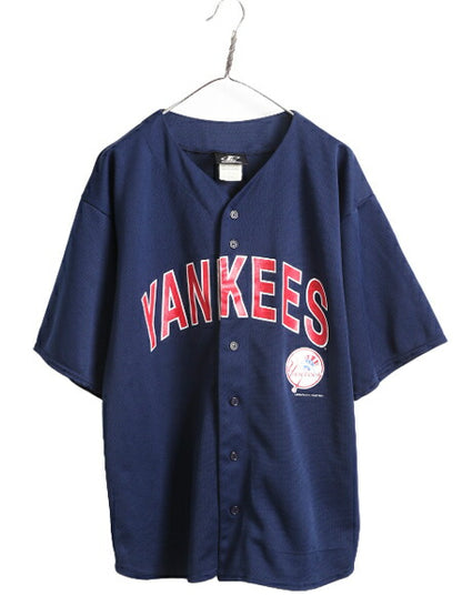 MLB ロゴ アスレチック ヤンキース ベースボール シャツ メンズ L 古着 ユニフォーム ゲームシャツ メジャーリーグ 半袖シャツ 大リーグ 紺