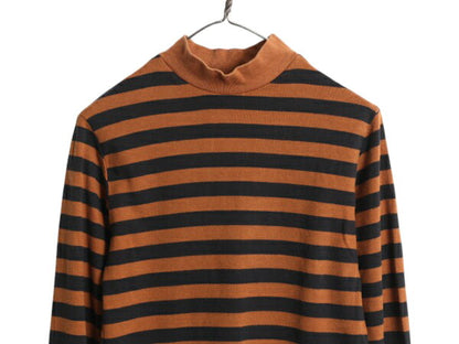 90s USA製 ランズエンド モックネック ボーダー 長袖 Tシャツ レディース S オールド ロンT ストレッチ ロングスリーブ スムース コットン