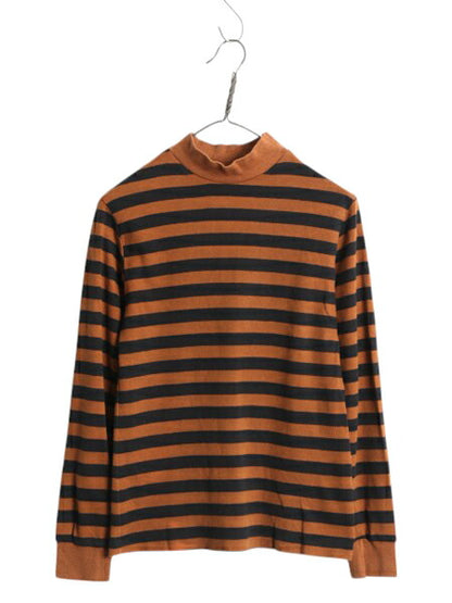 90s USA製 ランズエンド モックネック ボーダー 長袖 Tシャツ レディース S オールド ロンT ストレッチ ロングスリーブ スムース コットン