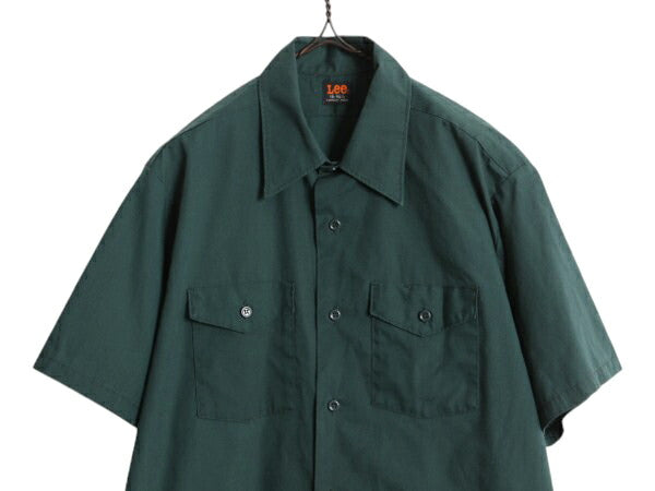 70s USA製 リー 半袖 ワーク シャツ メンズ L 程/ ヴィンテージ 黒タグ 半袖シャツ ポケット付き シワになりにくい 無地 シンプル グリーン