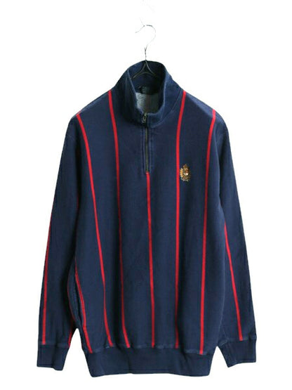 90s ポロ ラルフローレン ハーフジップ スウェット キッズ L メンズ S 程/ オールド クッキークレスト ハイネック ストライプ プルオーバー