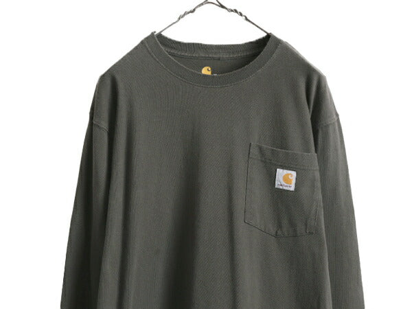 カーハート ポケット付き 長袖 Tシャツ メンズ M / 古着 CARHARTT ロンT ワンポイント ポケT ロゴT ヘビーウェイト ワーク クルーネック 灰