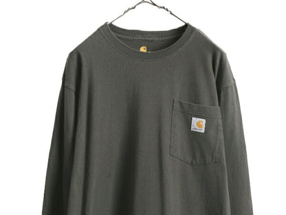 カーハート ポケット付き 長袖 Tシャツ メンズ M / 古着 CARHARTT ロンT ワンポイント ポケT ロゴT ヘビーウェイト ワーク クルーネック 灰