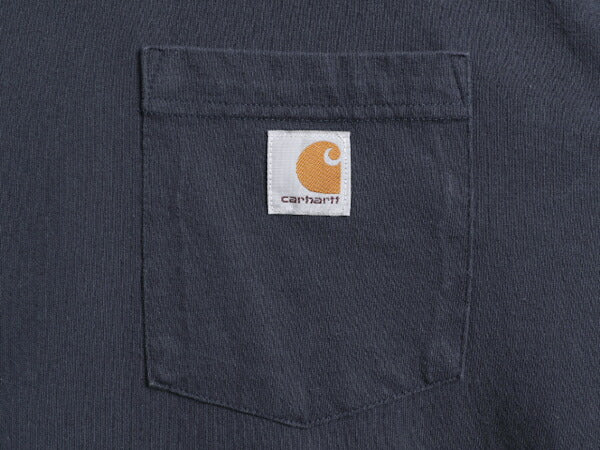 カーハート ポケット付き 長袖 Tシャツ メンズ L / 古着 CARHARTT ロンT ワンポイント ポケT ロゴT ヘビーウェイト クルーネック ワーク 紺