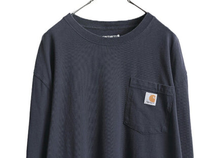 カーハート ポケット付き 長袖 Tシャツ メンズ L / 古着 CARHARTT ロンT ワンポイント ポケT ロゴT ヘビーウェイト クルーネック ワーク 紺