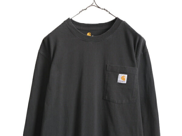 カーハート ポケット付き 長袖 Tシャツ メンズ M / 古着 CARHARTT ロンT ワンポイント ポケT ロゴT ヘビーウェイト クルーネック ワーク 黒