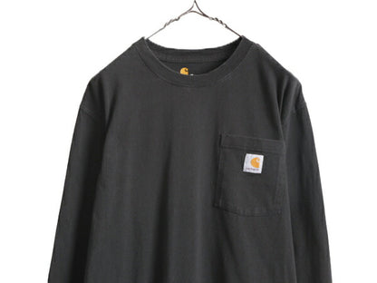 カーハート ポケット付き 長袖 Tシャツ メンズ M / 古着 CARHARTT ロンT ワンポイント ポケT ロゴT ヘビーウェイト クルーネック ワーク 黒