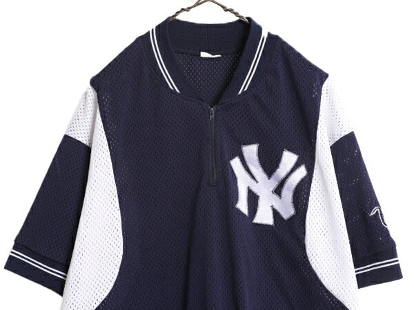 MLB Majestic ヤンキース メッシュ ベースボール シャツ メンズ L 程/ ユニフォーム ゲームシャツ メジャーリーグ 半袖シャツ ハーフジップ