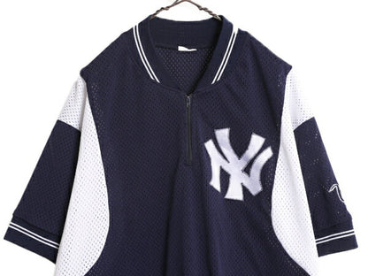 MLB Majestic ヤンキース メッシュ ベースボール シャツ メンズ L 程/ ユニフォーム ゲームシャツ メジャーリーグ 半袖シャツ ハーフジップ