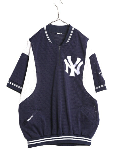 MLB Majestic ヤンキース メッシュ ベースボール シャツ メンズ L 程/ ユニフォーム ゲームシャツ メジャーリーグ 半袖シャツ ハーフジップ