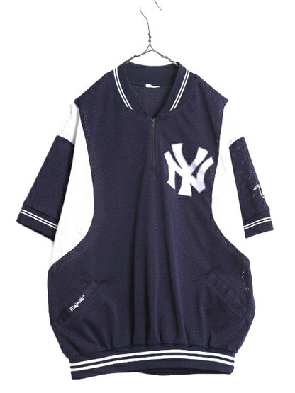 MLB Majestic ヤンキース メッシュ ベースボール シャツ メンズ L 程/ ユニフォーム ゲームシャツ メジャーリーグ 半袖シャツ ハーフジップ