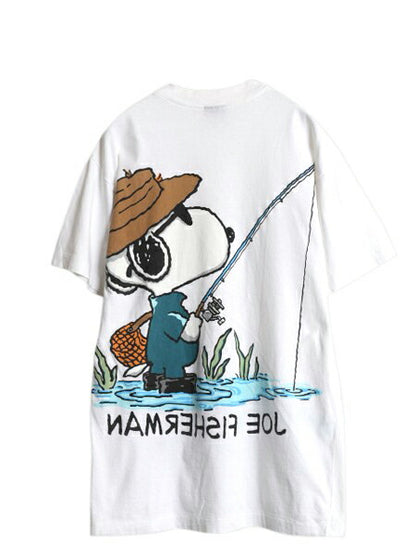 90s スヌーピー 両面 プリント Tシャツ メンズ レディース M / オールド キャラクター ピーナッツ シングルステッチ イラスト フィッシング