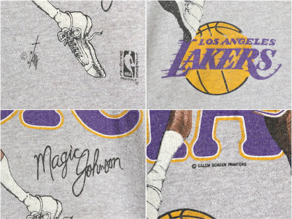 80s USA製 レイカーズ イラスト プリント 半袖 Tシャツ メンズ M 小さめ S 程/ ヴィンテージ NBA オフィシャル マジック ジョンソン バスケ
