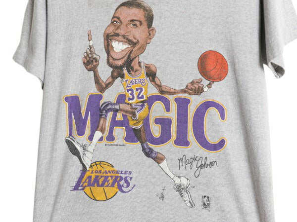 80s USA製 レイカーズ イラスト プリント 半袖 Tシャツ メンズ M 小さめ S 程/ ヴィンテージ NBA オフィシャル マジック ジョンソン バスケ