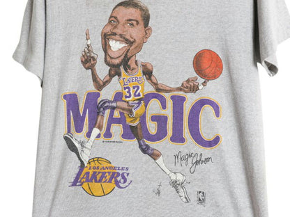 80s USA製 レイカーズ イラスト プリント 半袖 Tシャツ メンズ M 小さめ S 程/ ヴィンテージ NBA オフィシャル マジック ジョンソン バスケ