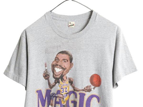 80s USA製 レイカーズ イラスト プリント 半袖 Tシャツ メンズ M 小さめ S 程/ ヴィンテージ NBA オフィシャル マジック ジョンソン バスケ