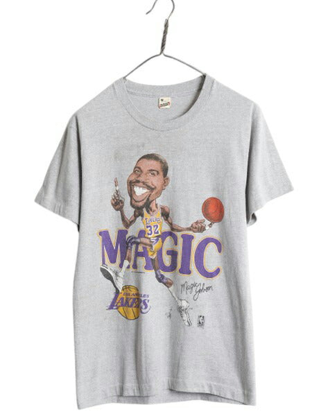 80s USA製 レイカーズ イラスト プリント 半袖 Tシャツ メンズ M 小さめ S 程/ ヴィンテージ NBA オフィシャル マジック ジョンソン バスケ