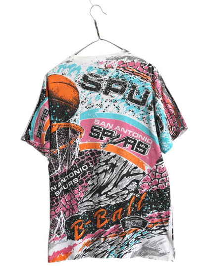 90s USA製 スパーズ オールオーバー プリント 半袖 Tシャツ メンズ L / オールド NBA オフィシャル アート イラスト ヘビーウェイト バスケ