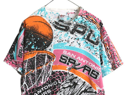 90s USA製 スパーズ オールオーバー プリント 半袖 Tシャツ メンズ L / オールド NBA オフィシャル アート イラスト ヘビーウェイト バスケ