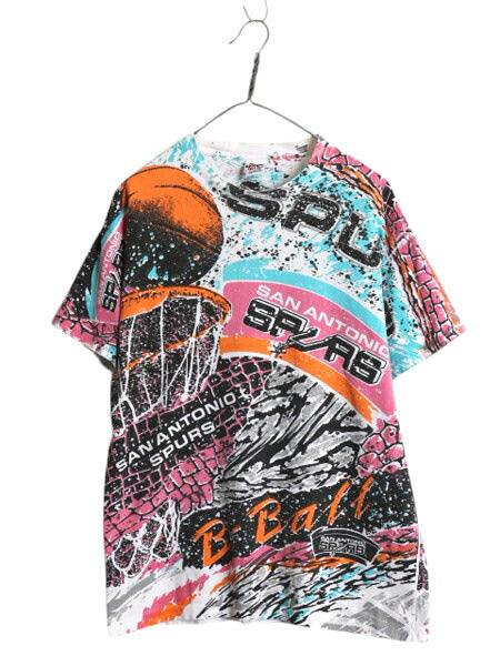 90s USA製 スパーズ オールオーバー プリント 半袖 Tシャツ メンズ L / オールド NBA オフィシャル アート イラスト ヘビーウェイト バスケ