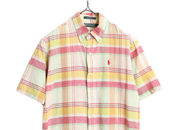 90s ポロ ラルフローレン チェック 半袖 ボタンダウン シャツ キッズ XL メンズ M 程/ 90年代 オールド 半袖シャツ コットン ワンポイント