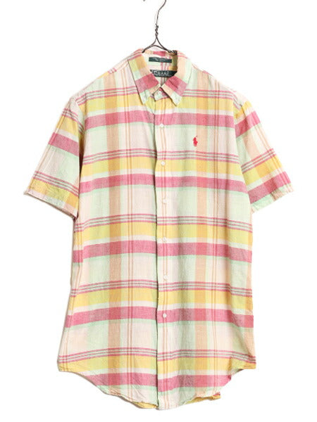 90s ポロ ラルフローレン チェック 半袖 ボタンダウン シャツ キッズ XL メンズ M 程/ 90年代 オールド 半袖シャツ コットン ワンポイント