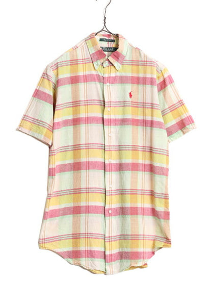 90s ポロ ラルフローレン チェック 半袖 ボタンダウン シャツ キッズ XL メンズ M 程/ 90年代 オールド 半袖シャツ コットン ワンポイント