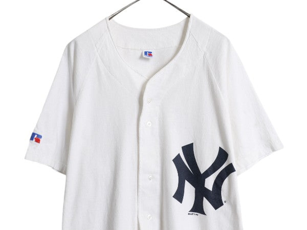 90s USA製 ヤンキース ベースボール シャツ メンズ XL オールド MLB オフィシャル ラッセル 大リーグ コットン ユニフォーム ゲームシャツ