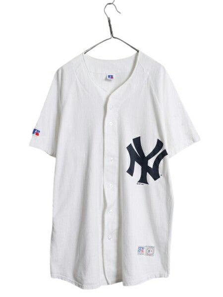 90s USA製 ヤンキース ベースボール シャツ メンズ XL オールド MLB オフィシャル ラッセル 大リーグ コットン ユニフォーム ゲームシャツ
