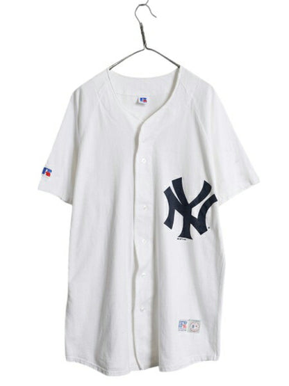 90s USA製 ヤンキース ベースボール シャツ メンズ XL オールド MLB オフィシャル ラッセル 大リーグ コットン ユニフォーム ゲームシャツ