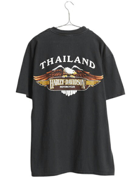 90s ハーレー ダビッドソン 両面 プリント 半袖 Tシャツ メンズ L 程 古着 黒 オールド オフィシャル イーグル ファイヤー ブラック バイク