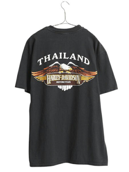 90s ハーレー ダビッドソン 両面 プリント 半袖 Tシャツ メンズ L 程 古着 黒 オールド オフィシャル イーグル ファイヤー ブラック バイク