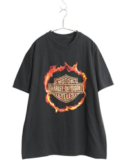 90s ハーレー ダビッドソン 両面 プリント 半袖 Tシャツ メンズ L 程 古着 黒 オールド オフィシャル イーグル ファイヤー ブラック バイク