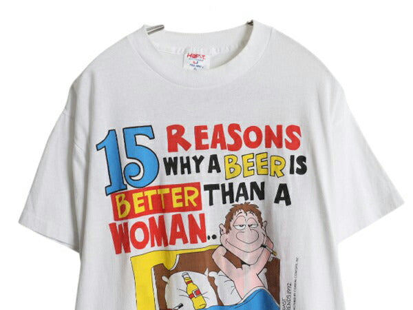 90s USA製 キャラクター ジョーク イラスト プリント Tシャツ メンズ XL / オールド メッセージ ビール シングルステッチ 白 大きいサイズ