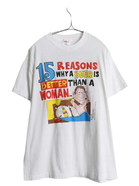 90s USA製 キャラクター ジョーク イラスト プリント Tシャツ メンズ XL / オールド メッセージ ビール シングルステッチ 白 大きいサイズ
