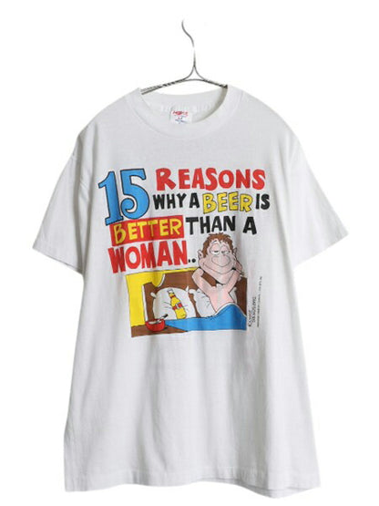 90s USA製 キャラクター ジョーク イラスト プリント Tシャツ メンズ XL / オールド メッセージ ビール シングルステッチ 白 大きいサイズ