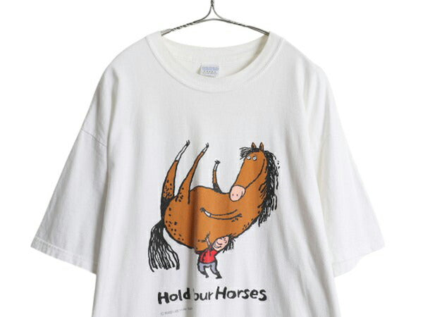 00s ウマ キャラクター アート イラスト プリント Tシャツ メンズ XL 古着 オールド アニマル メッセージ ヘビーウェイト 大きいサイズ 白
