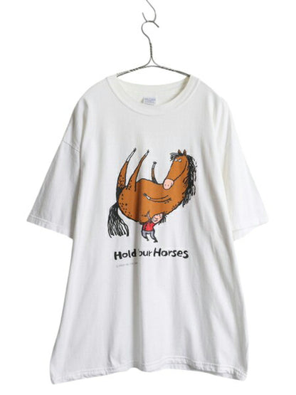 00s ウマ キャラクター アート イラスト プリント Tシャツ メンズ XL 古着 オールド アニマル メッセージ ヘビーウェイト 大きいサイズ 白